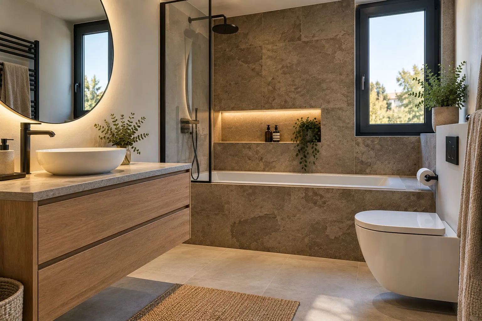 Baño con bañera revestida de piedra, hornacina iluminada y lavabo sobre encimera