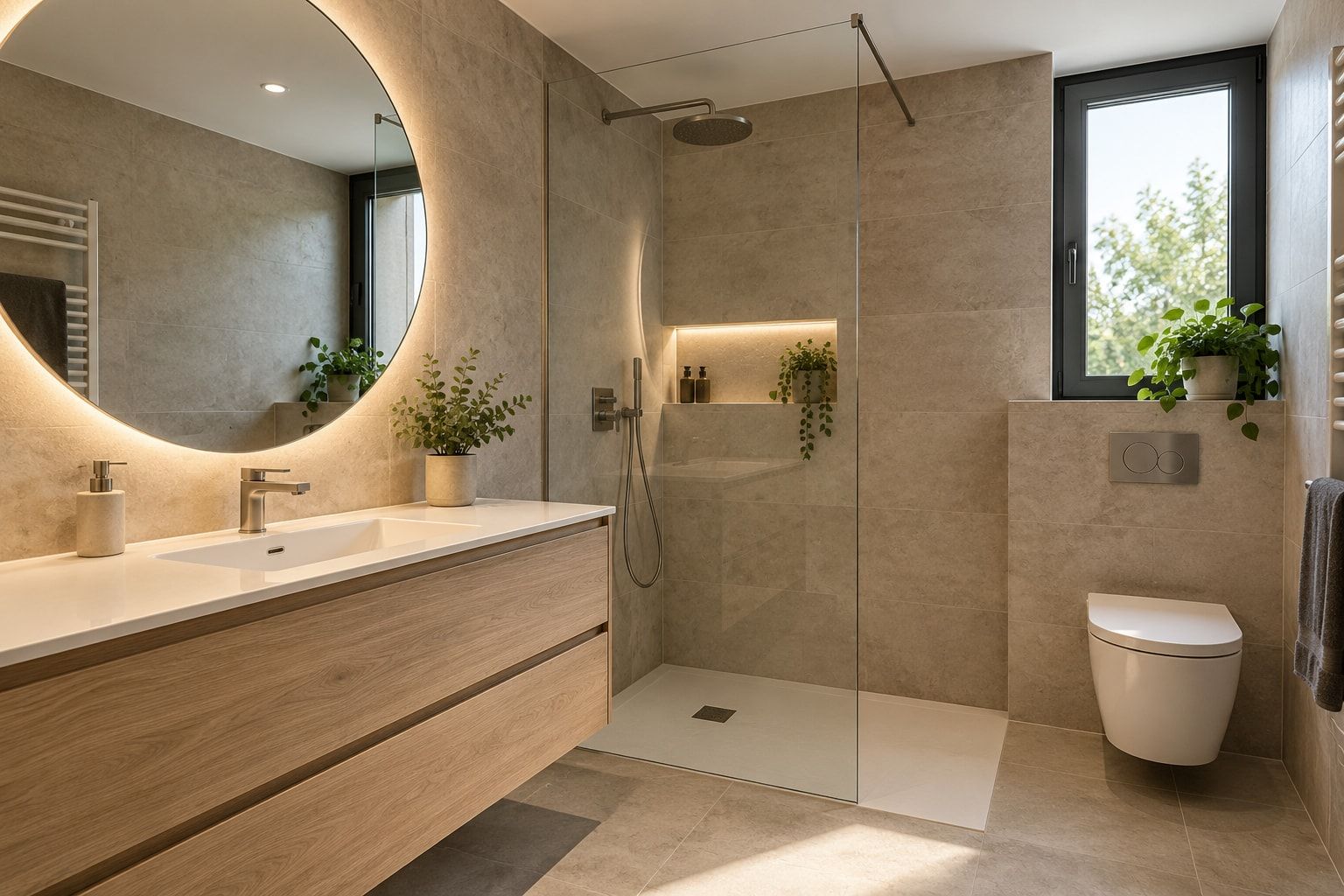 Baño reformado con espejo redondo retroiluminado, ducha de obra con mampara, hornacina iluminada, inodoro suspendido y mueble de madera