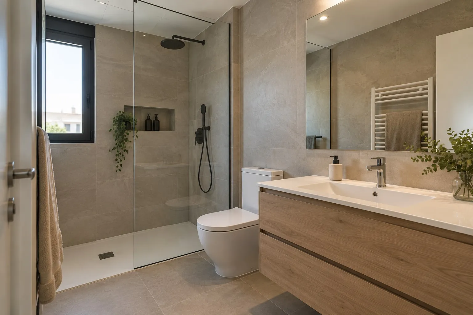 Baño con ducha de obra, grifería negra y mueble de madera