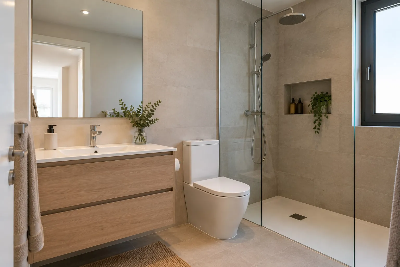 Baño luminoso con ducha de obra, hornacina y mueble de madera