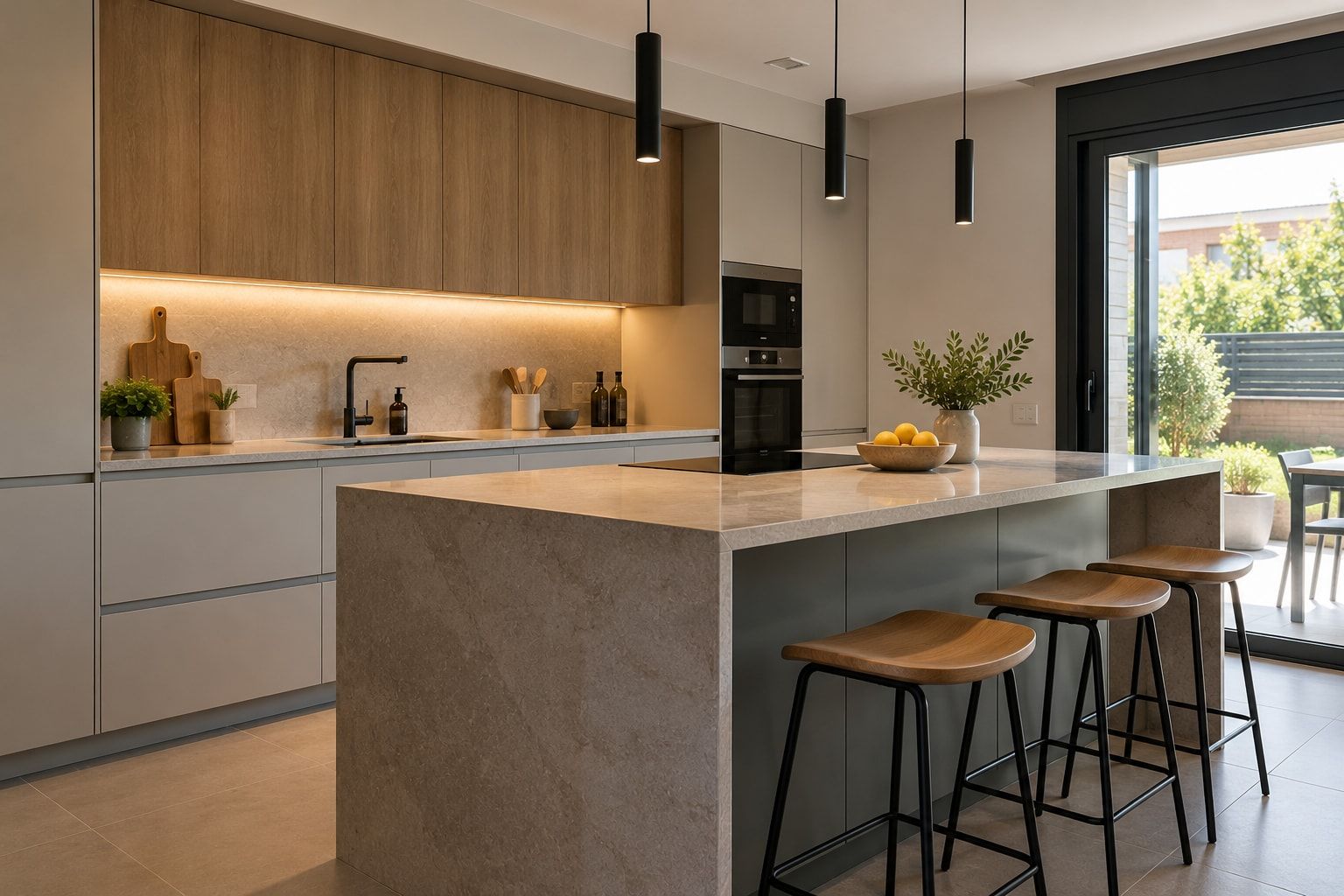 Cocina reformada con isla de piedra, frentes de roble, lámparas colgantes negras y salida al jardín