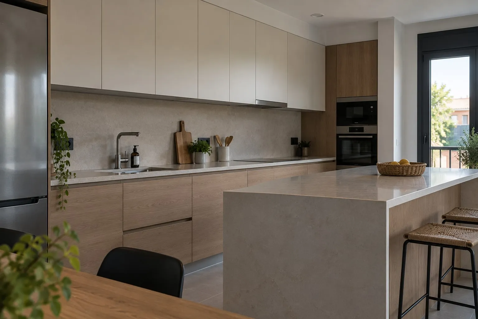 Cocina con isla de piedra, frentes de roble y armarios altos blancos