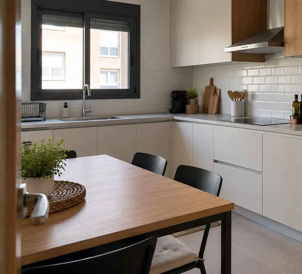 Cocina de piso con muebles blancos, frente de azulejo tipo metro y mesa de madera