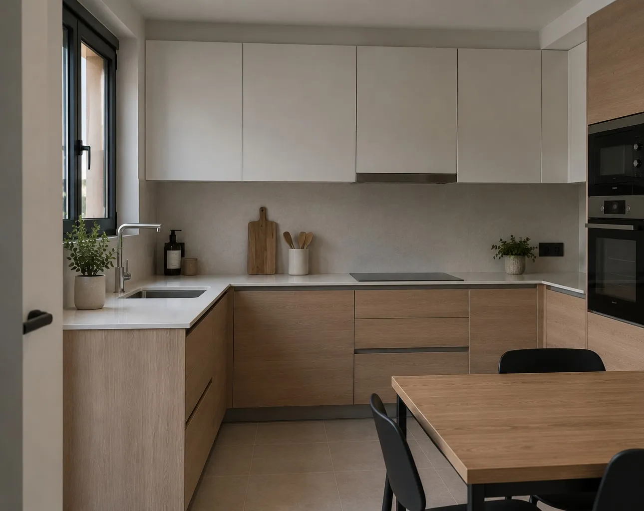 Cocina en U con frentes de madera, armarios altos blancos y mesa de comedor